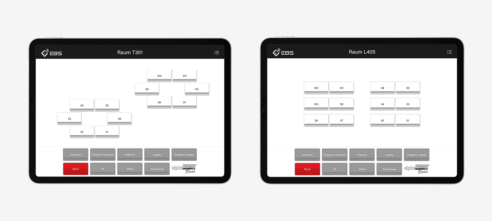 iPad running the alphadidact app to control a training room