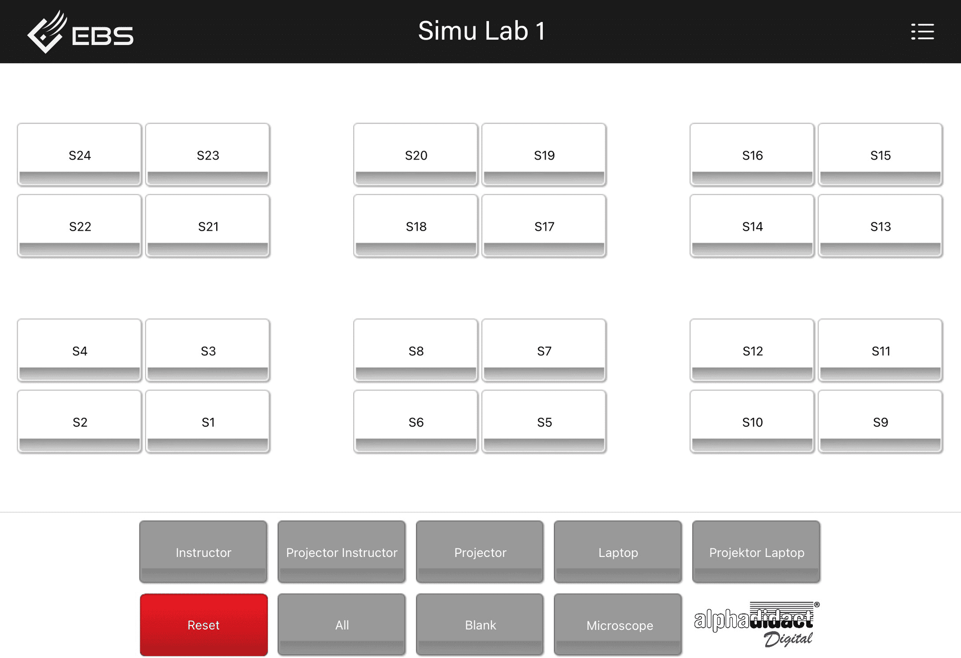 alphadidact app on an iPad with 24 workstation buttons of a simulation lab