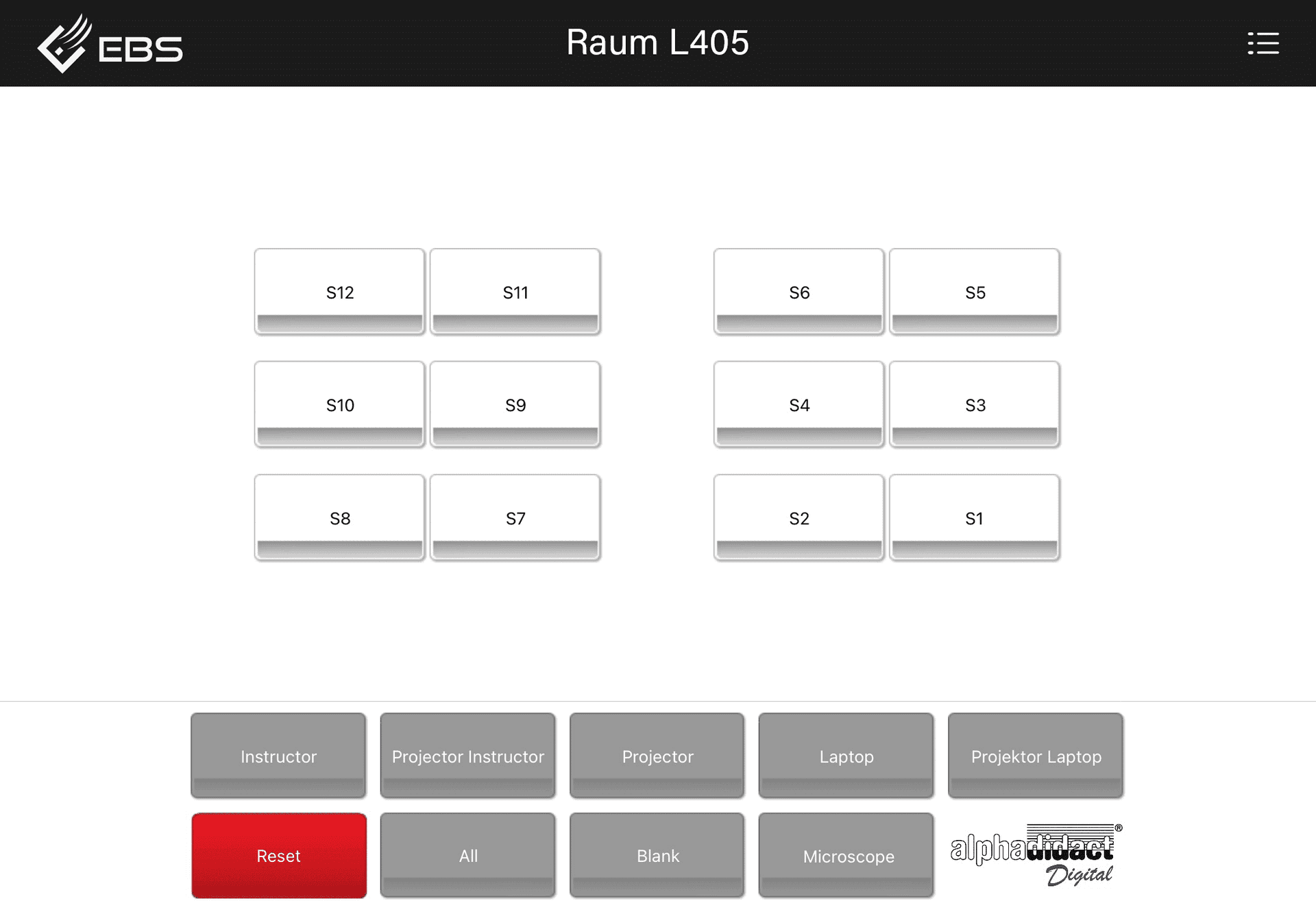 alphadidact app with twelve workstation buttons and the function bar along the bottom edge