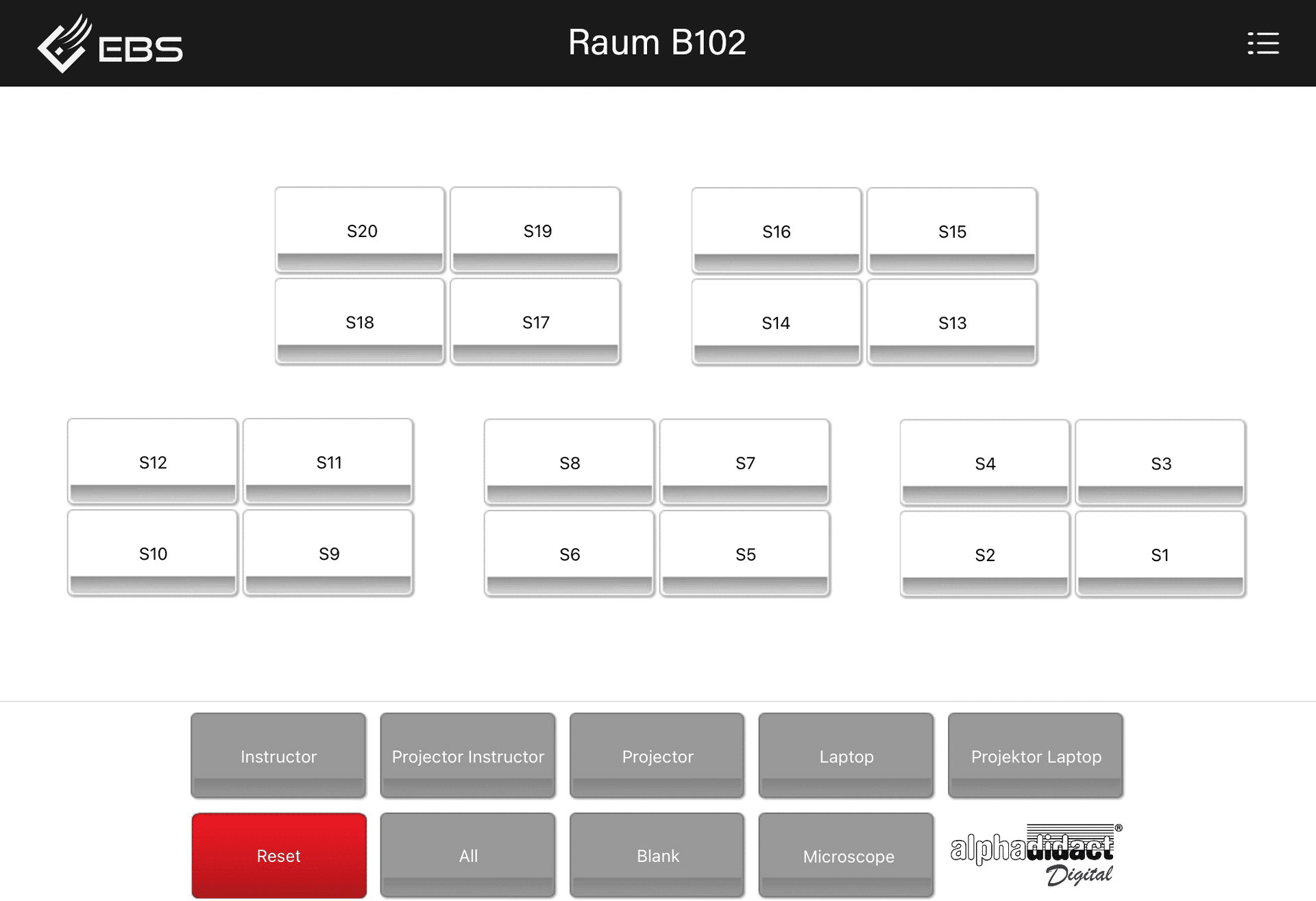 alphadidact app with 20 workstation buttons in the arrangement of the seating plan