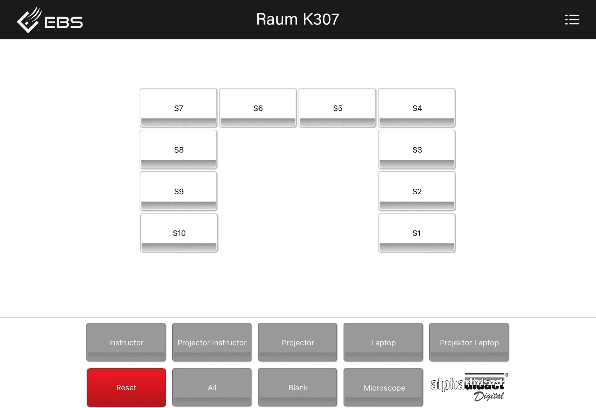 alphadidact app with ten workstation buttons in a U-shaped arrangement