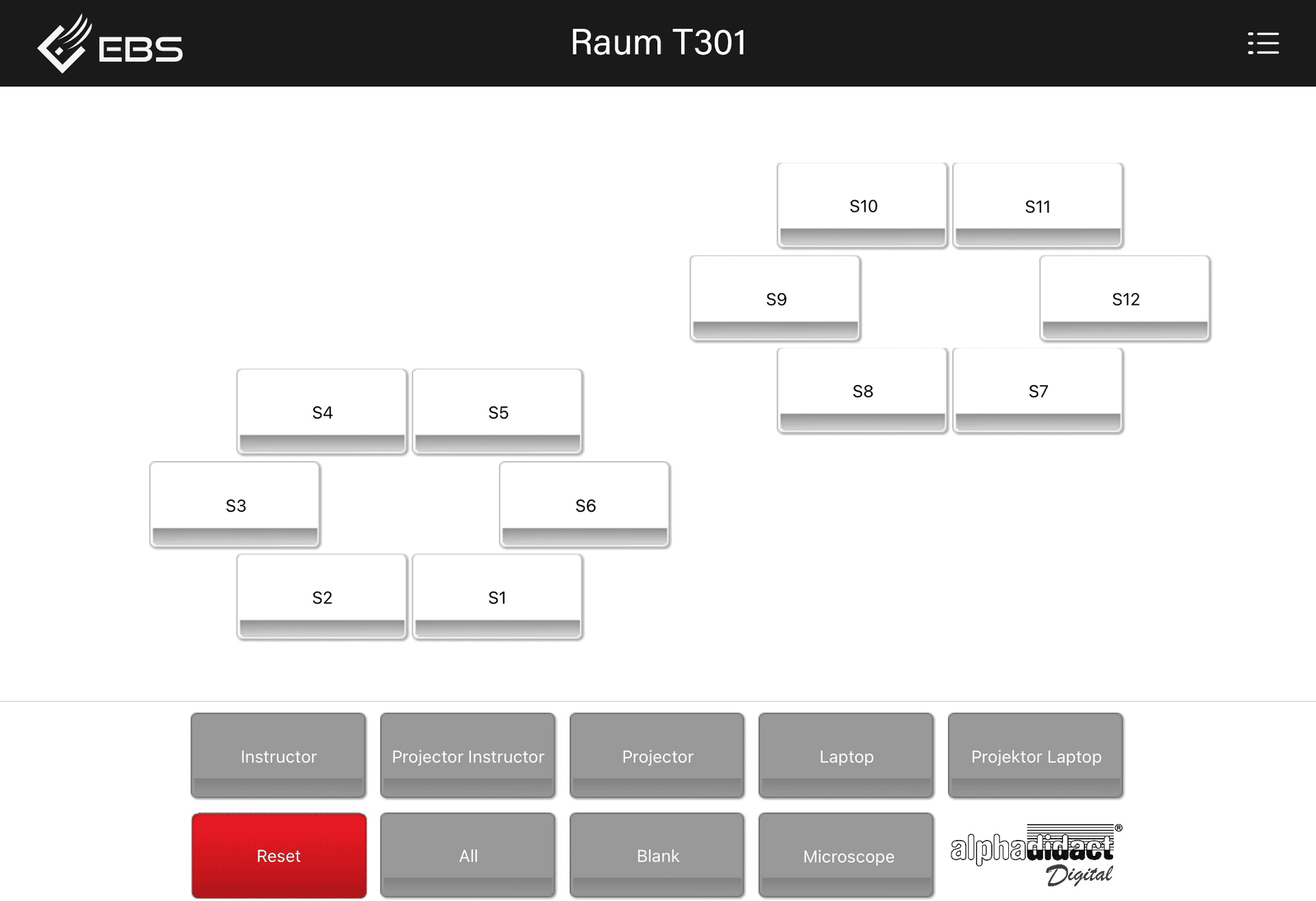 alphadidact app with twelve workstation buttons and controls for projector and laptop