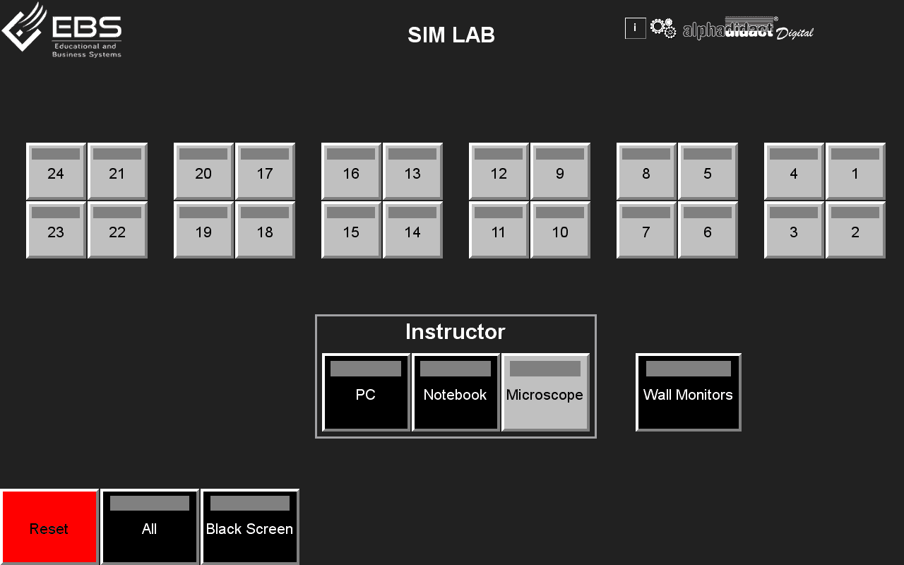 Touch panel interface of a simulation lab with 24 workstation buttons in six pairs
