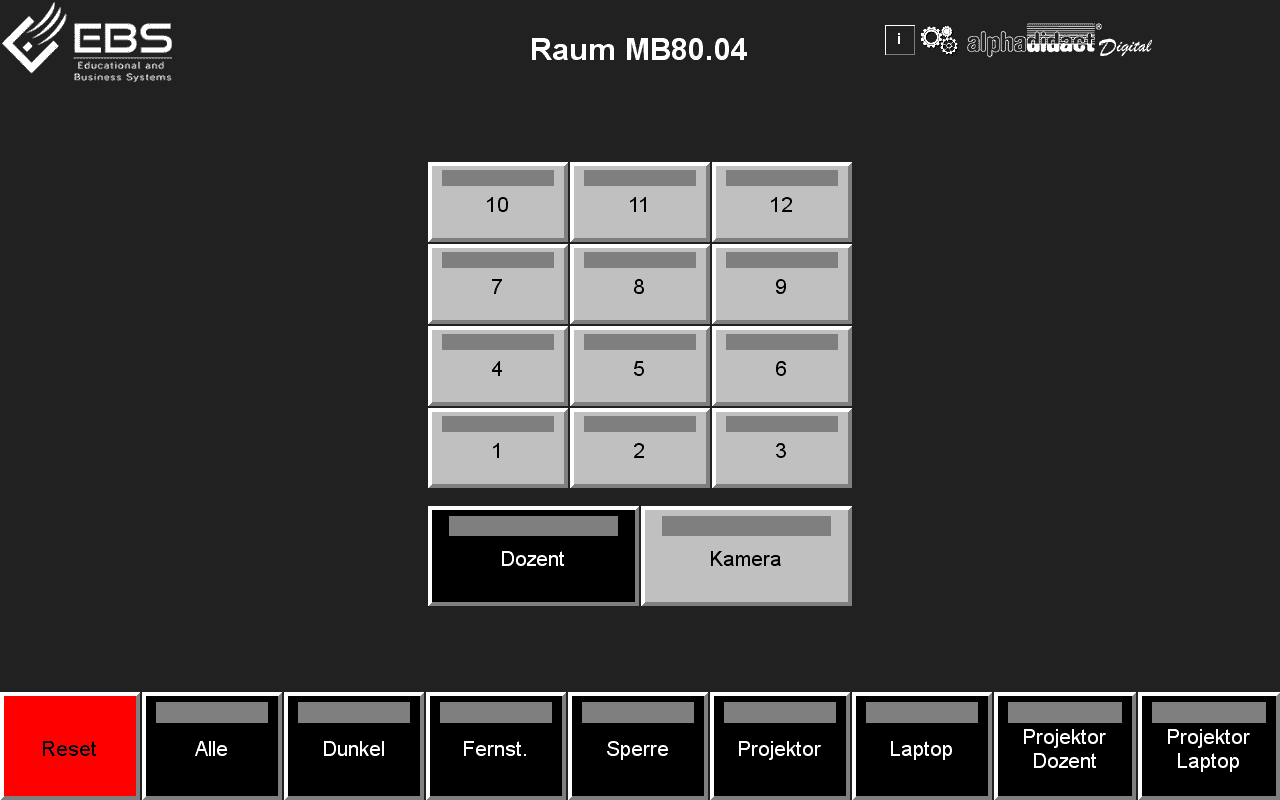 Touchscreen Pro with twelve workstation buttons and controls for projector and room technology
