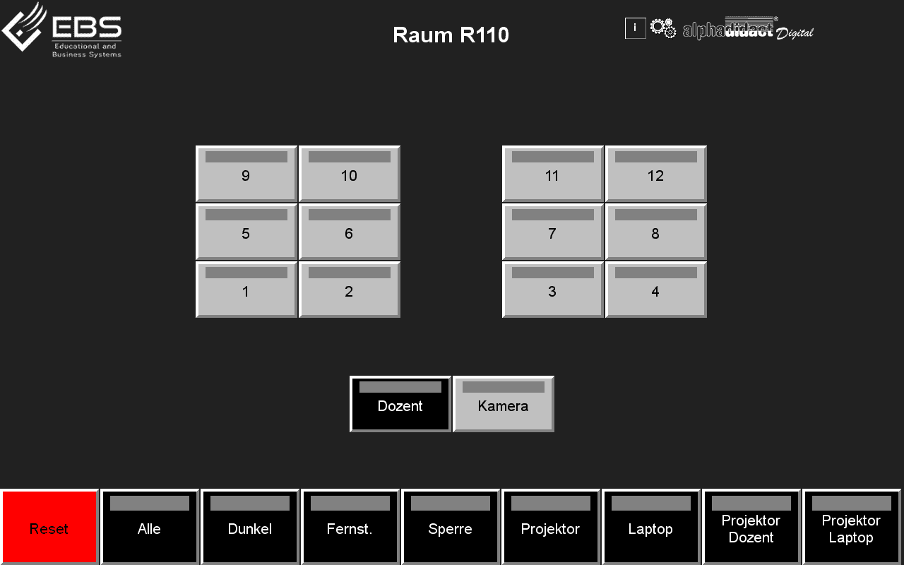 Touchscreen Core with twelve workstation buttons and the basic functions of the training system