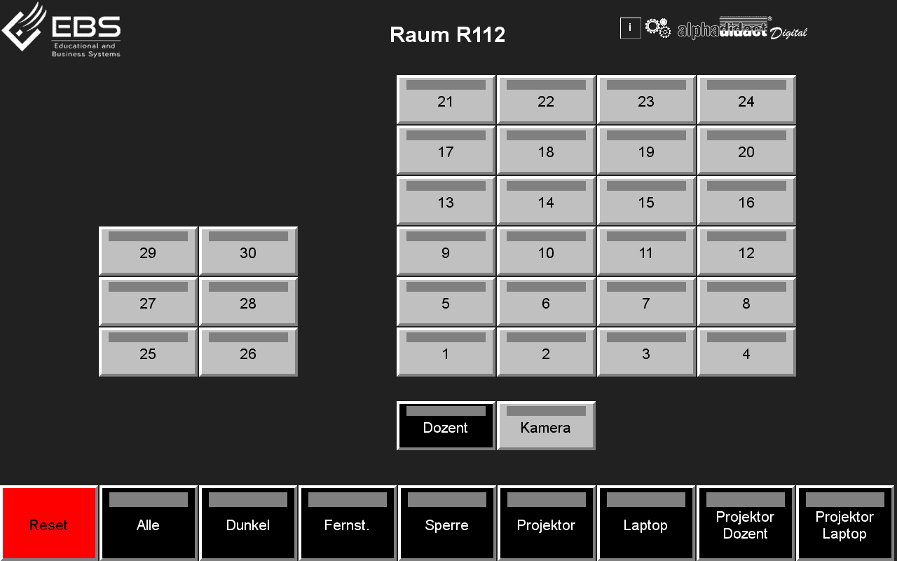 Touch panel interface of a large room with 30 workstation buttons in several rows