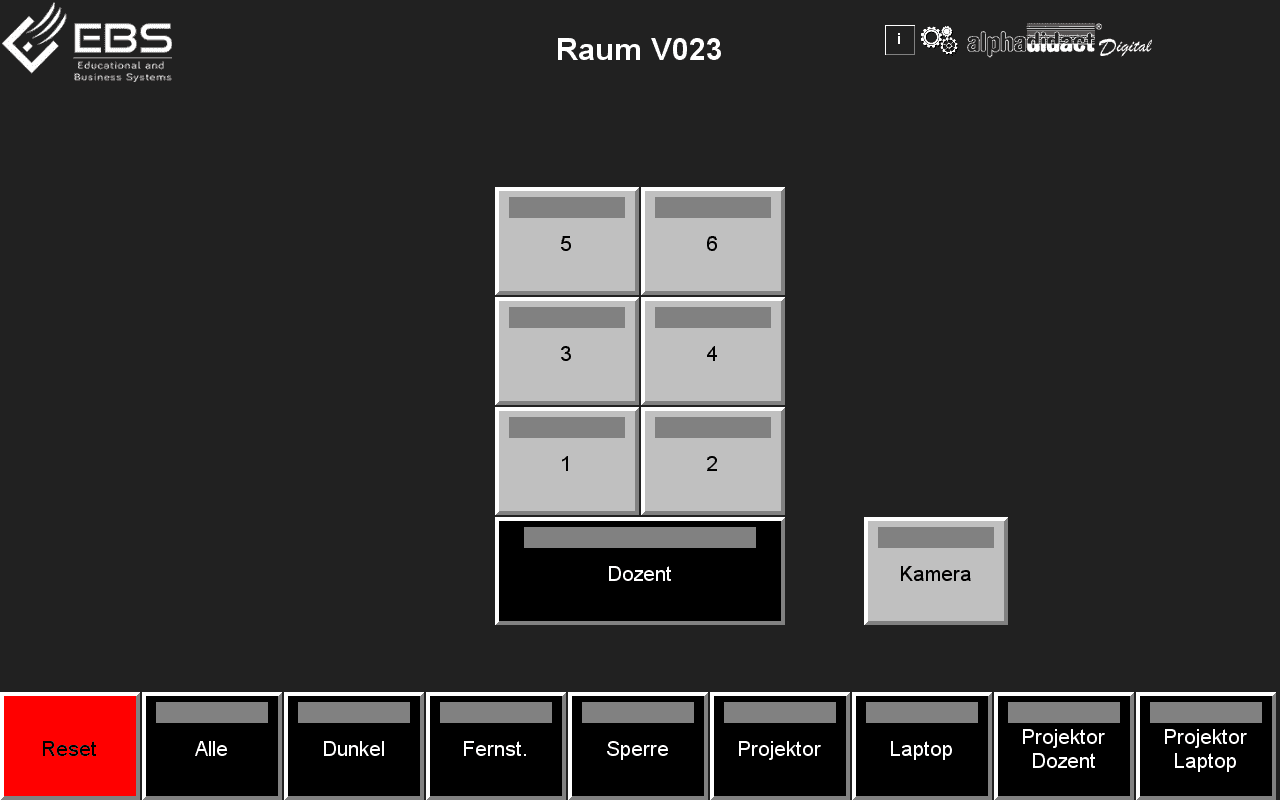 Touch panel interface for six workstations with instructor position, camera and function bar