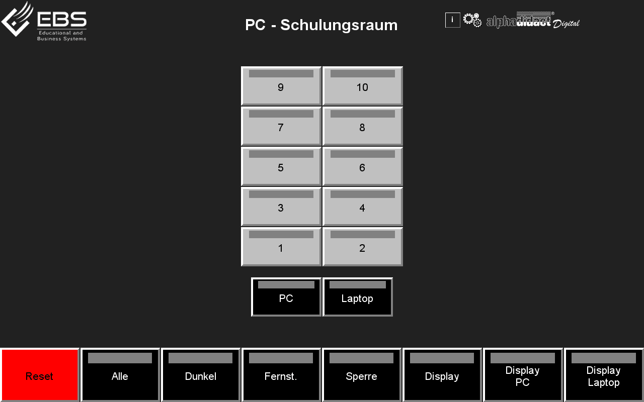 Touch panel interface with ten workstation buttons and the function bar along the bottom edge