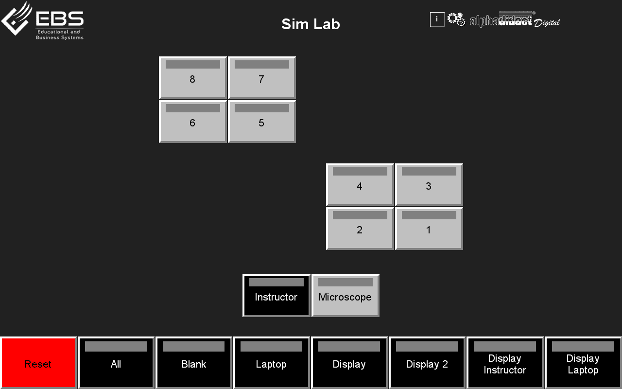 Touch panel interface with eight workstation buttons and the sources at the instructor position