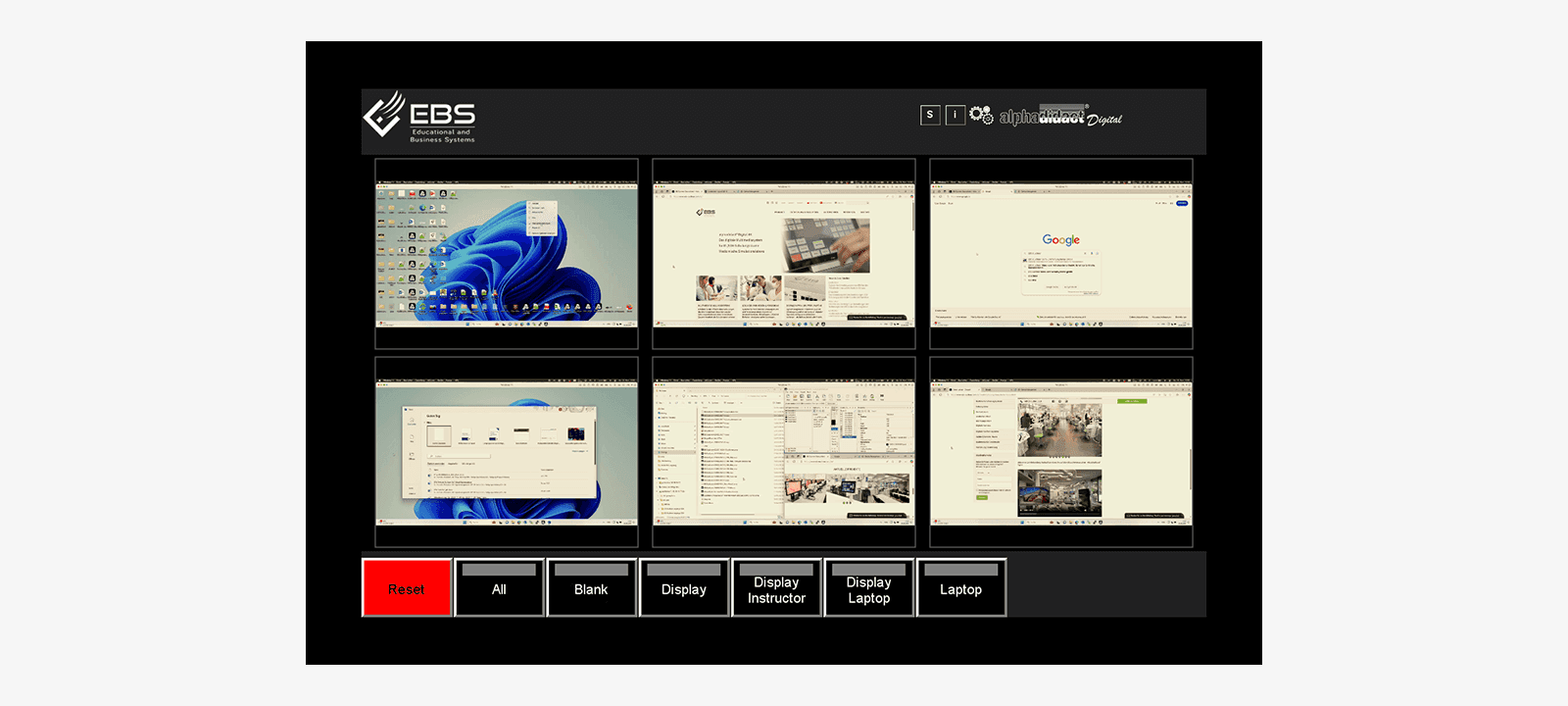 alphaX Vision on the EBS touchscreen: six participant screens as a grid with buttons below