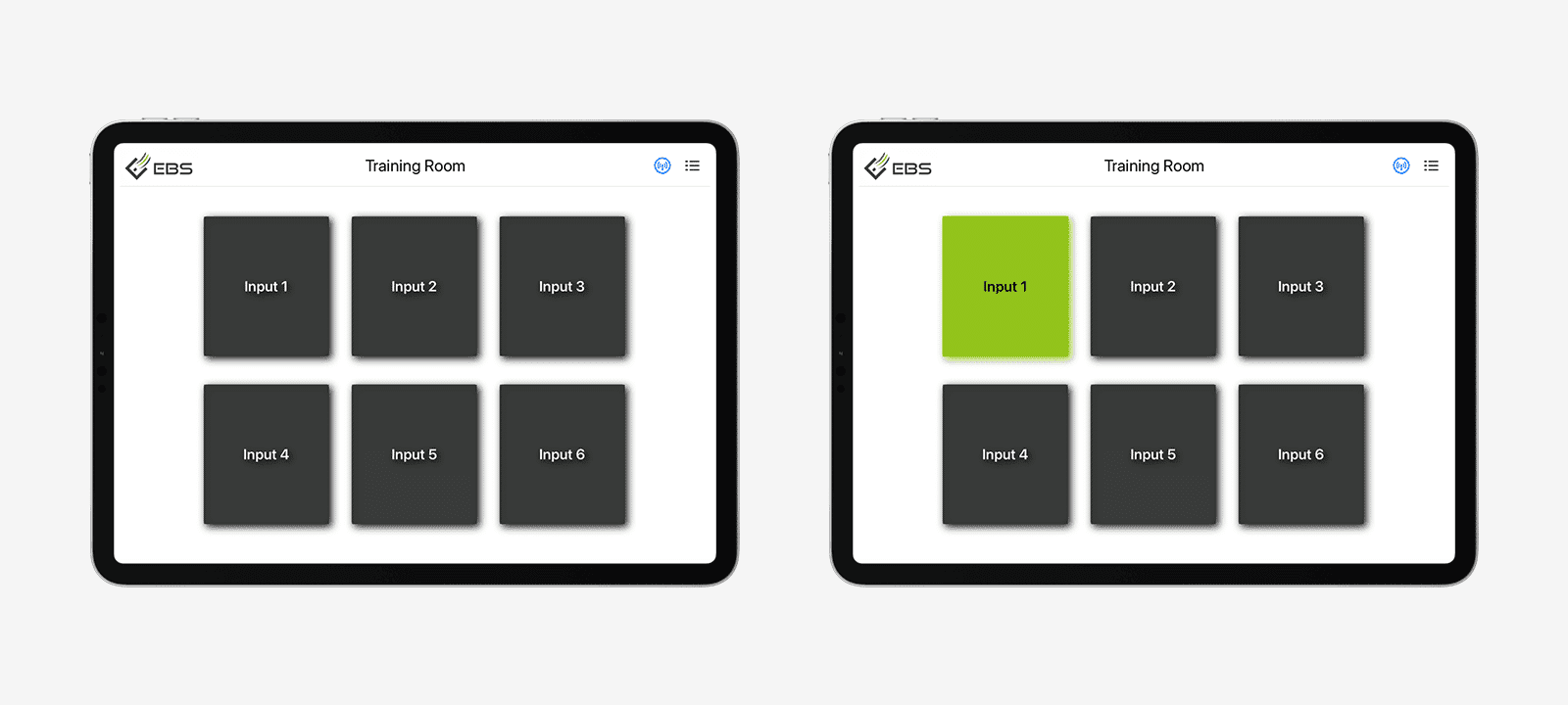 iPad app for controlling the 6x2 switcher with buttons for the six inputs